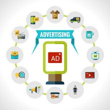 Advertising concept with outdoor billboard with ad and marketing icons set vector illustration